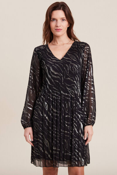Robe évasée plissée noir femme