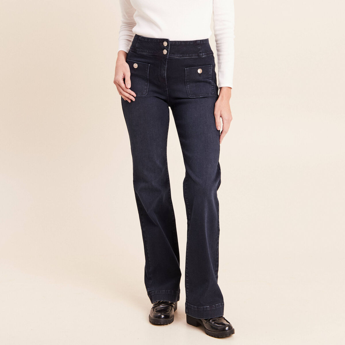 Jean coupe bootcut taille haute denim blue black femme