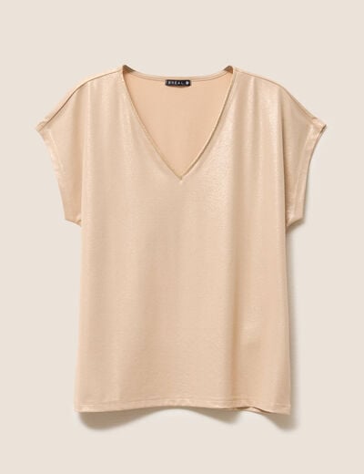 t-shirt col V manches courtes beige femme