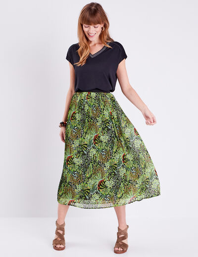 Jupe longue droite plissée vert femme