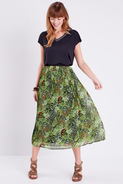 Jupe longue droite plissée vert femme