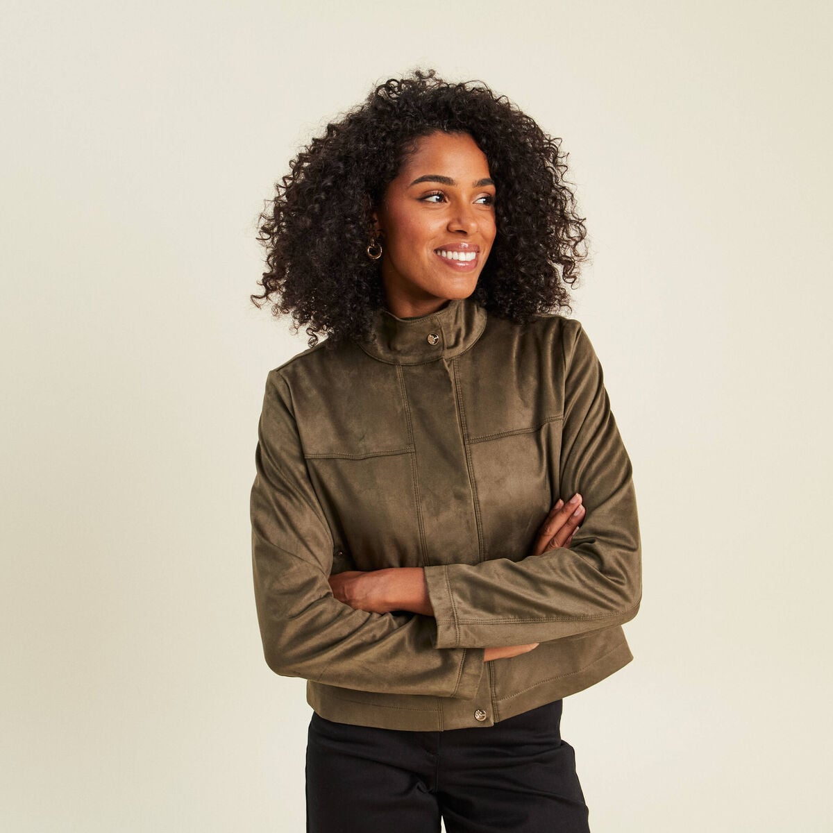 Veste ample col montant doubl&eacute;e vert kaki femme