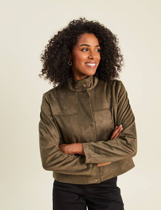 Veste ample col montant doubl&eacute;e vert kaki femme