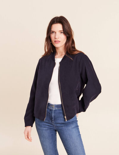 Bomber manches longues en velours doubl&eacute; bleu fonc&eacute; femme