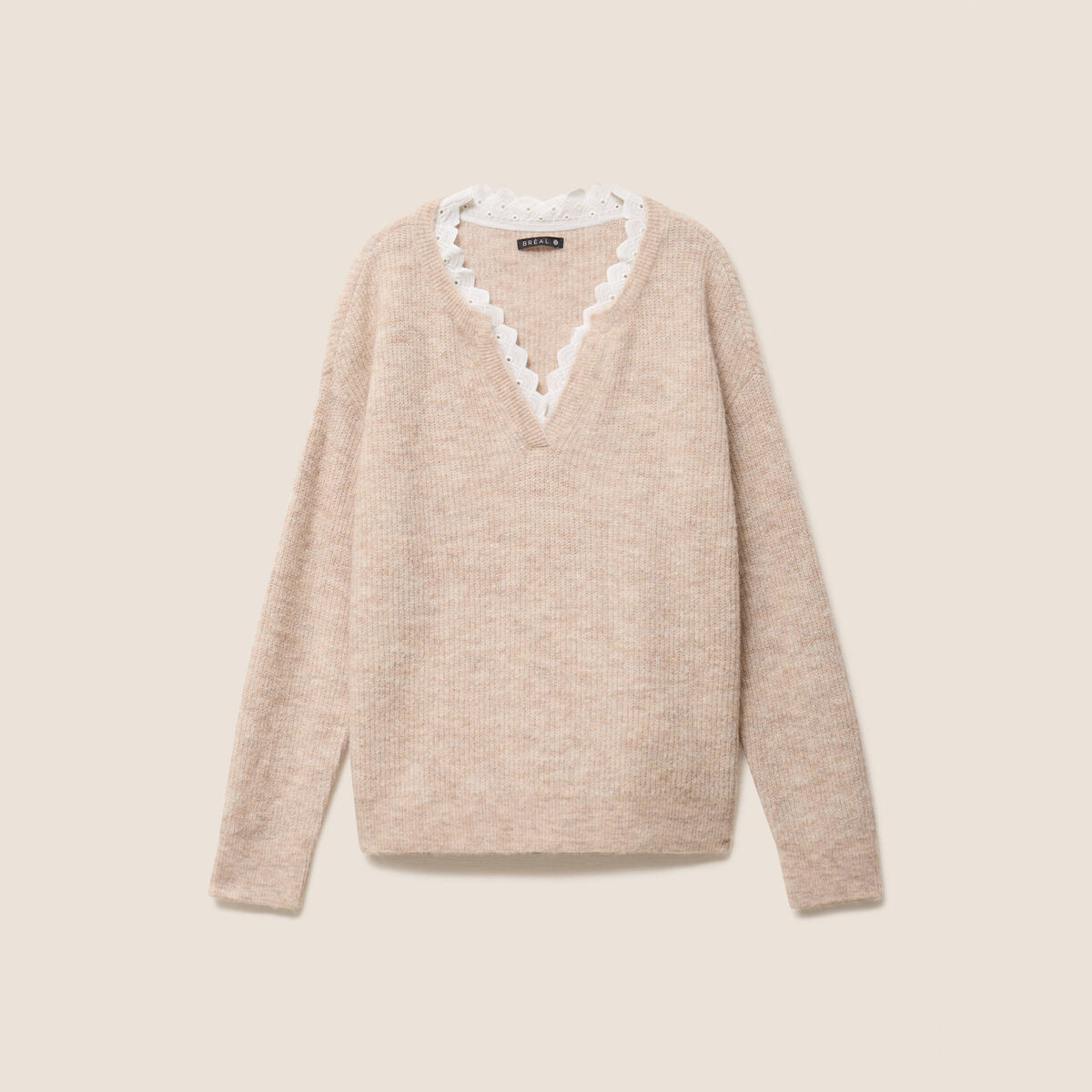 Pull col v beige femme