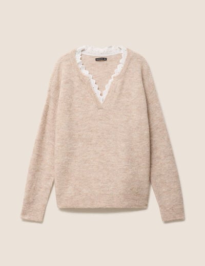 Pull col v beige femme