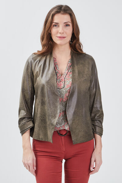 Veste droite col châle vert kaki femme
