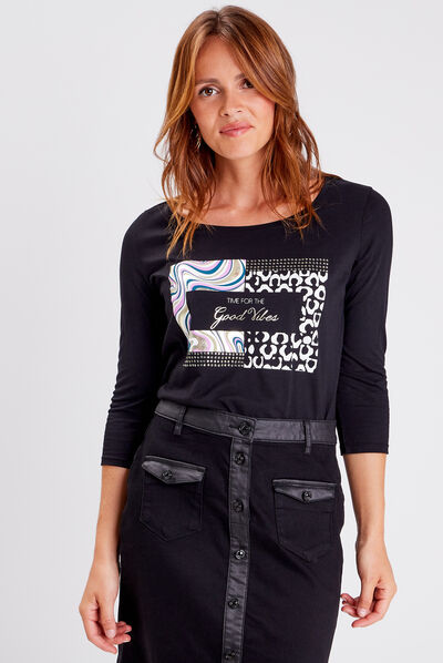 T-shirt manches 3/4 noir femme