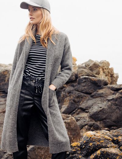 Gilet long manches longues gris foncé femme