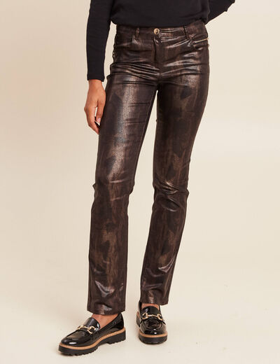Pantalon taille bascul&eacute;e enduit marron fonc&eacute; femme
