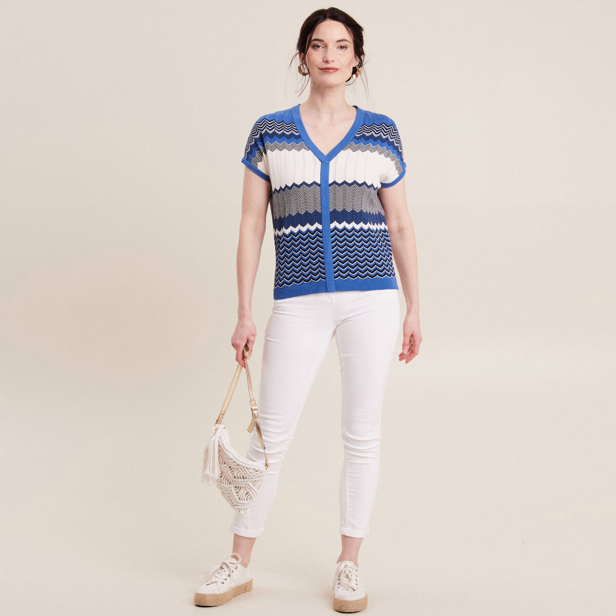 Pull &agrave; manches courtes bleu femme