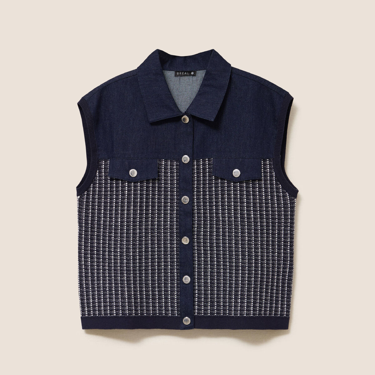 Veste sans manches col chemise bleu marine femme