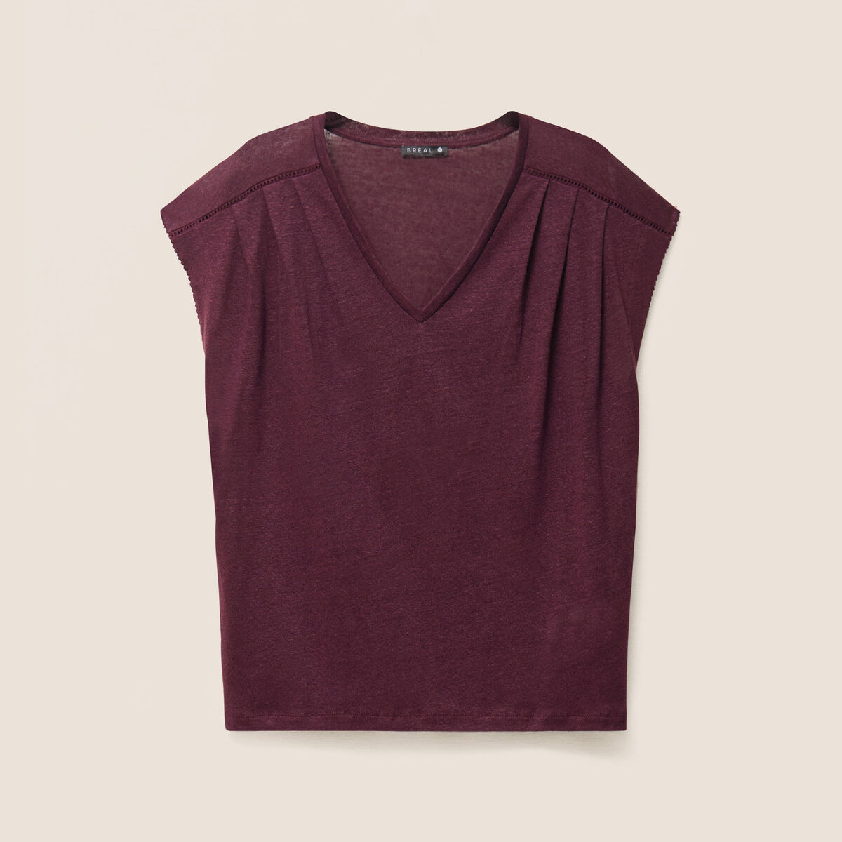 Top col v manches courtes en lin prune femme