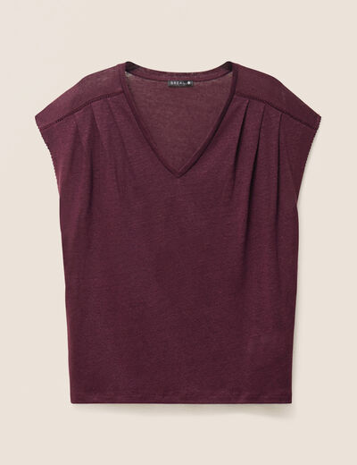 Top col v manches courtes en lin prune femme
