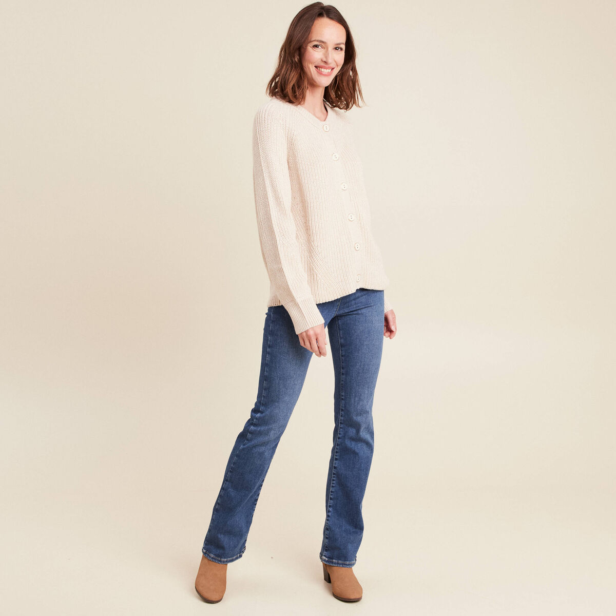 Gilet droit mi-long col rond creme femme