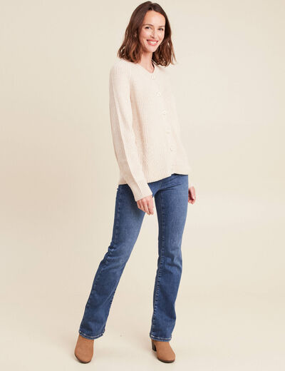 Gilet droit mi-long col rond creme femme