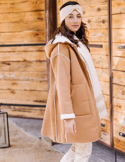 Manteau suédine à capuche marron femme