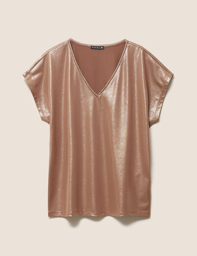 T-shirt col V manches courtes marron femme