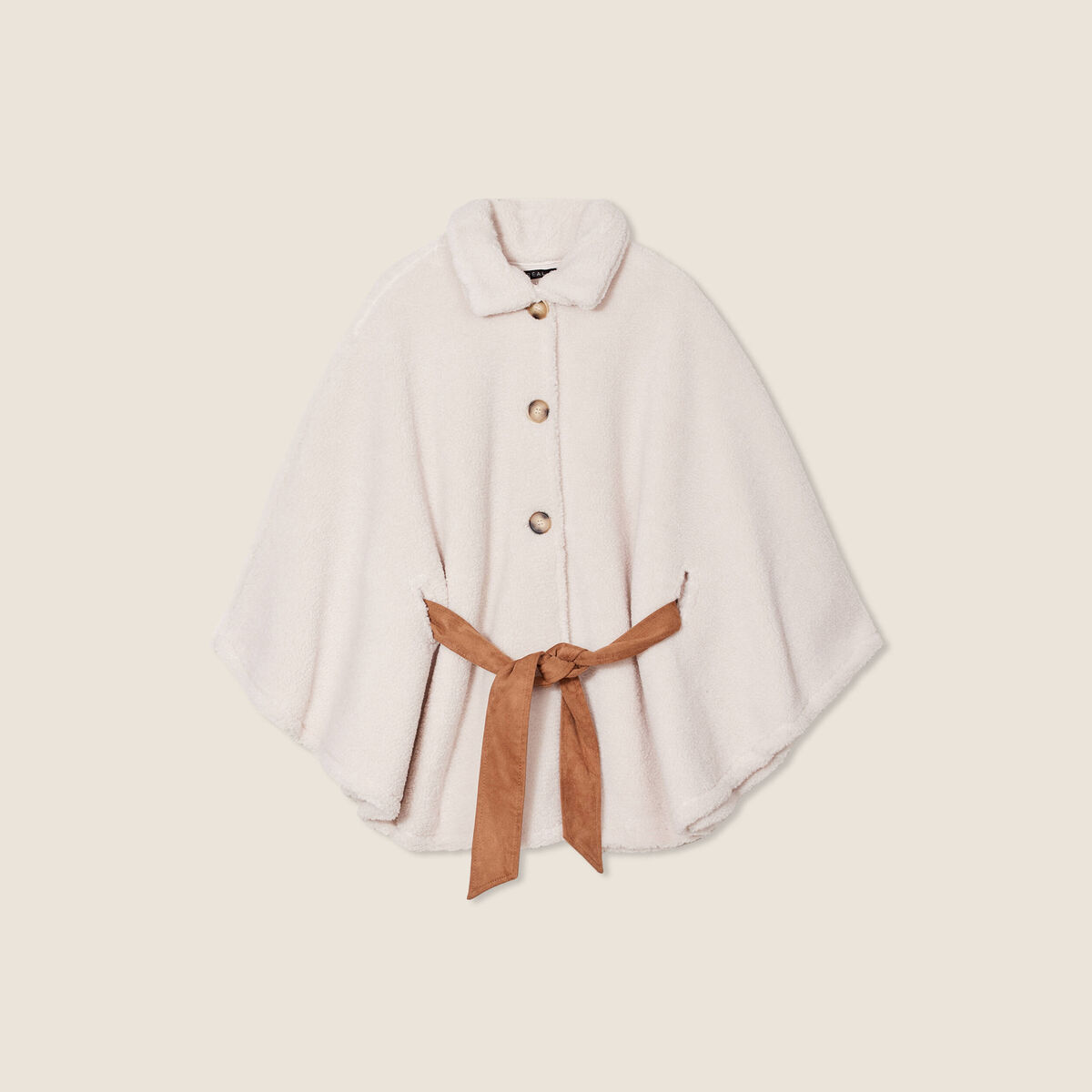 Poncho boutonn&eacute; ceintur&eacute; ecru femme