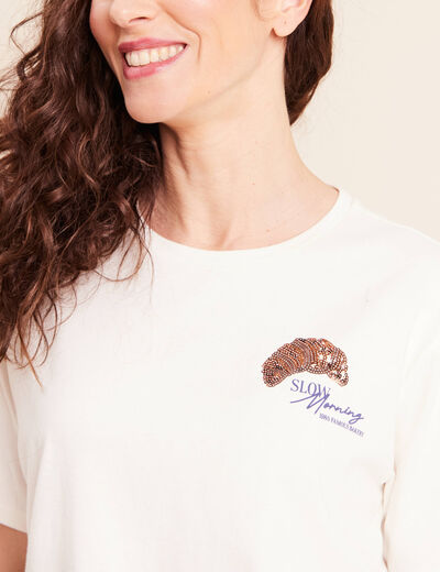 T-shirt avec print et broderie sequins ecru femme