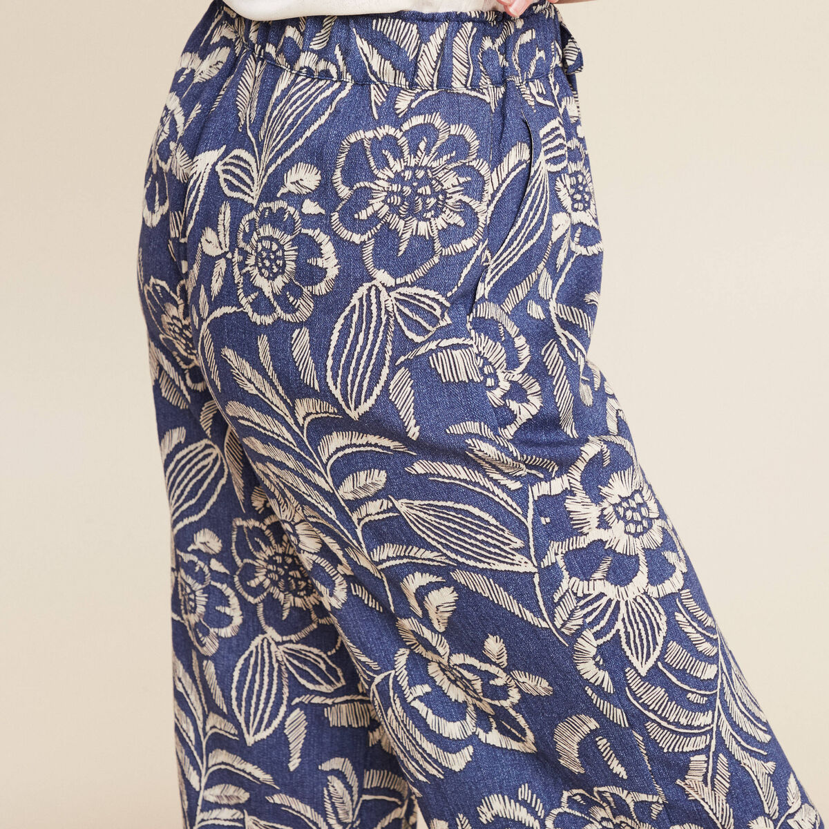 Pantalon large taille haute bleu femme