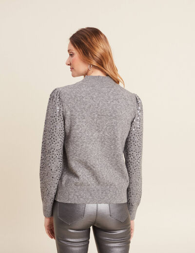 Pull manches longues sequins gris clair femme