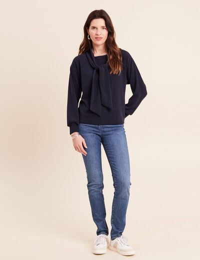 Pull col ch&acirc;le manches longues bleu marine femme