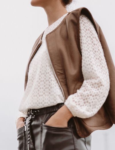 Veste sans manches sans col marron fonc&eacute; marron femme