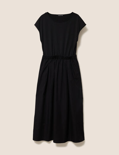 Robe longue évasée bi-matière noir femme