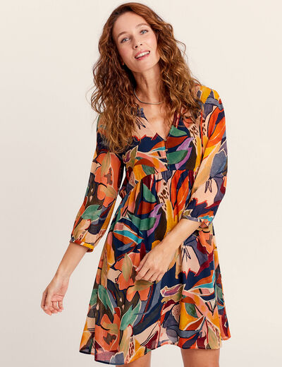 Robe évasée col tunisien beige femme