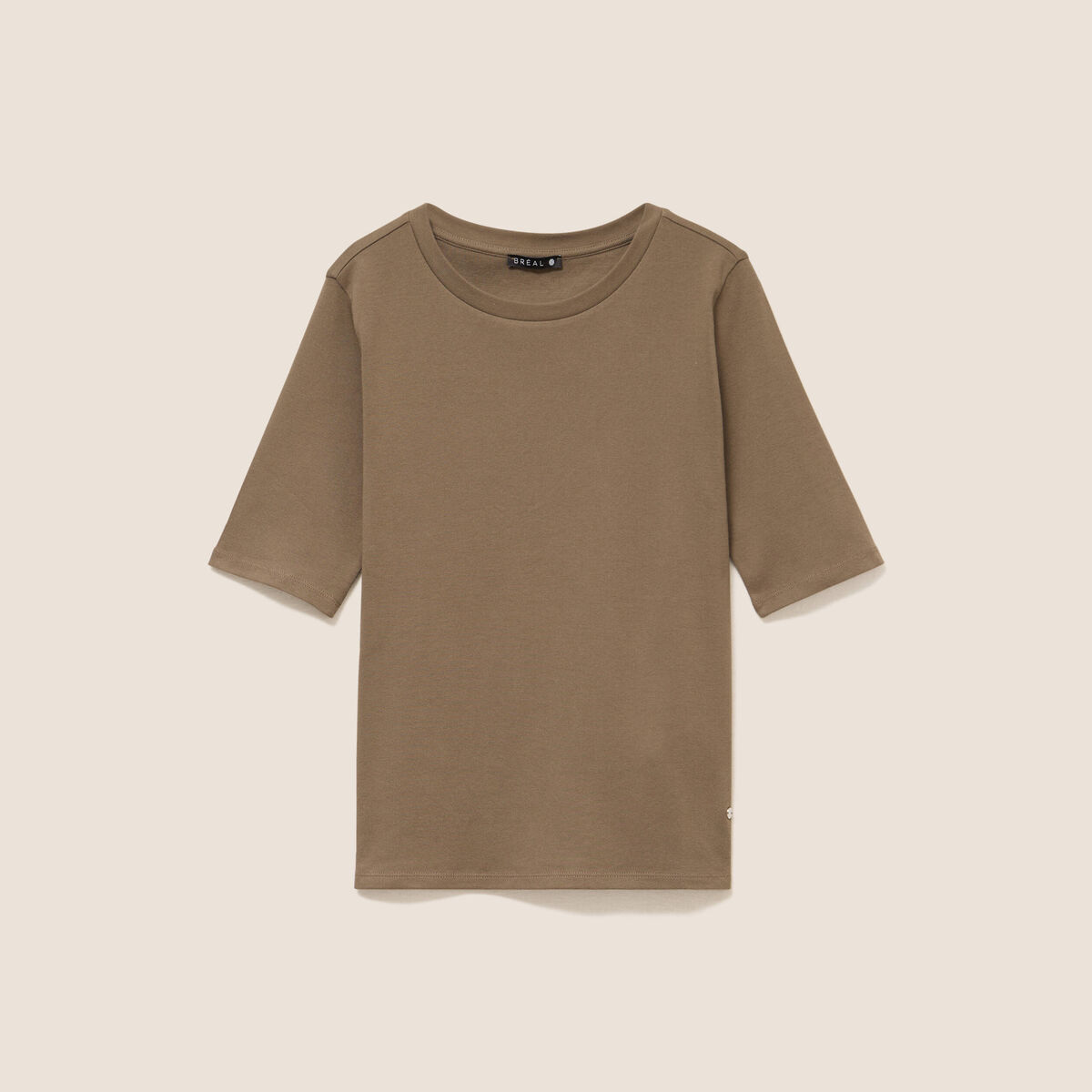 T-shirt ajust&eacute; col rond manches coudes vert kaki femme