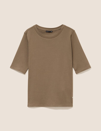 T-shirt ajust&eacute; col rond manches coudes vert kaki femme