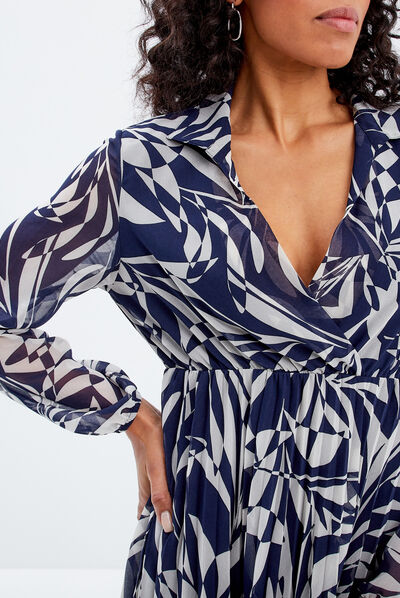 Robe droite bas plissé bleu foncé femme