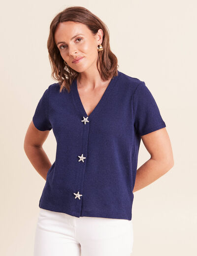 T-shirt col v manches courtes bleu marine femme