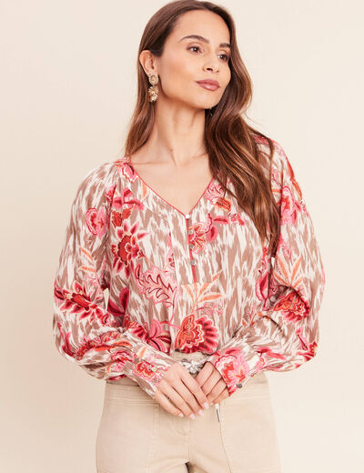 Blouse col v manches longues rose femme