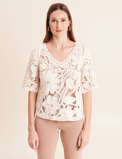 Pull col v manches courtes dentelle ecru femme