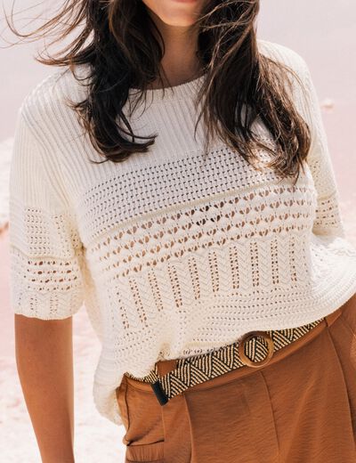 Pull ajouré manches courtes ecru femme
