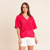 Pull ajour&eacute; col v manches courtes rose fushia femme