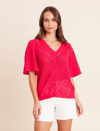 Pull ajour&eacute; col v manches courtes rose fushia femme