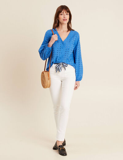 Chemise manches 3/4 brodée bleu femme