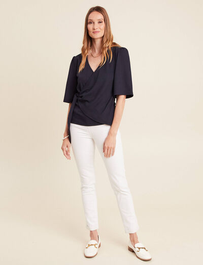 Blouse col V manches coude bleu foncé femme