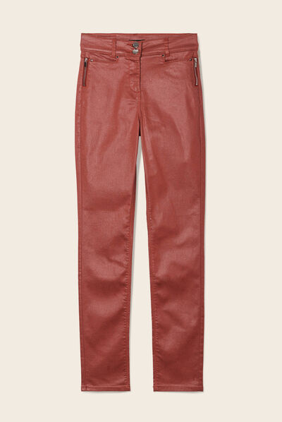 Pantalon ajusté enduit marron cognac femme