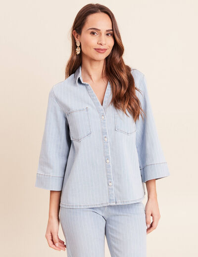 Chemise jean col chemise manches 3/4 blanc femme