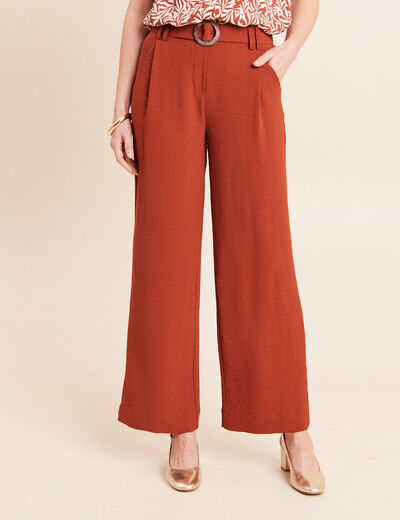 Pantalon large taille haute fluide marron fonc&eacute; femme