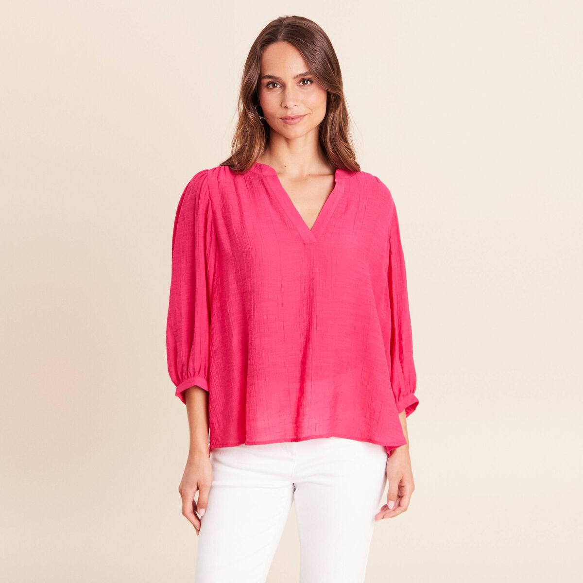 Blouse ample col tunisien manches 3/4 rose fushia femme