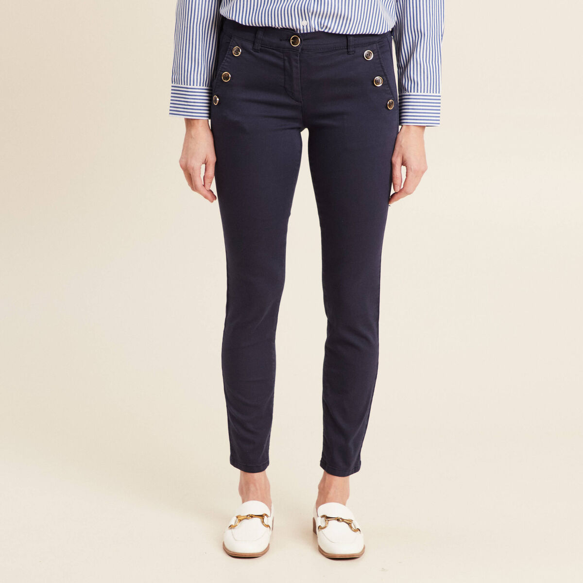 Pantalon ajusté 7/8ème bleu marine femme