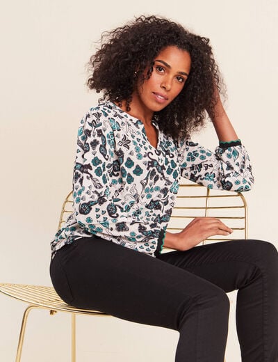 Blouse col tunisien manches longues blanc femme