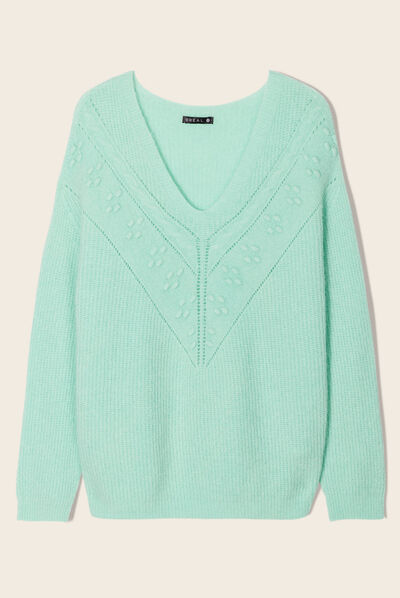 Pull manches longues col en V vert fluo femme