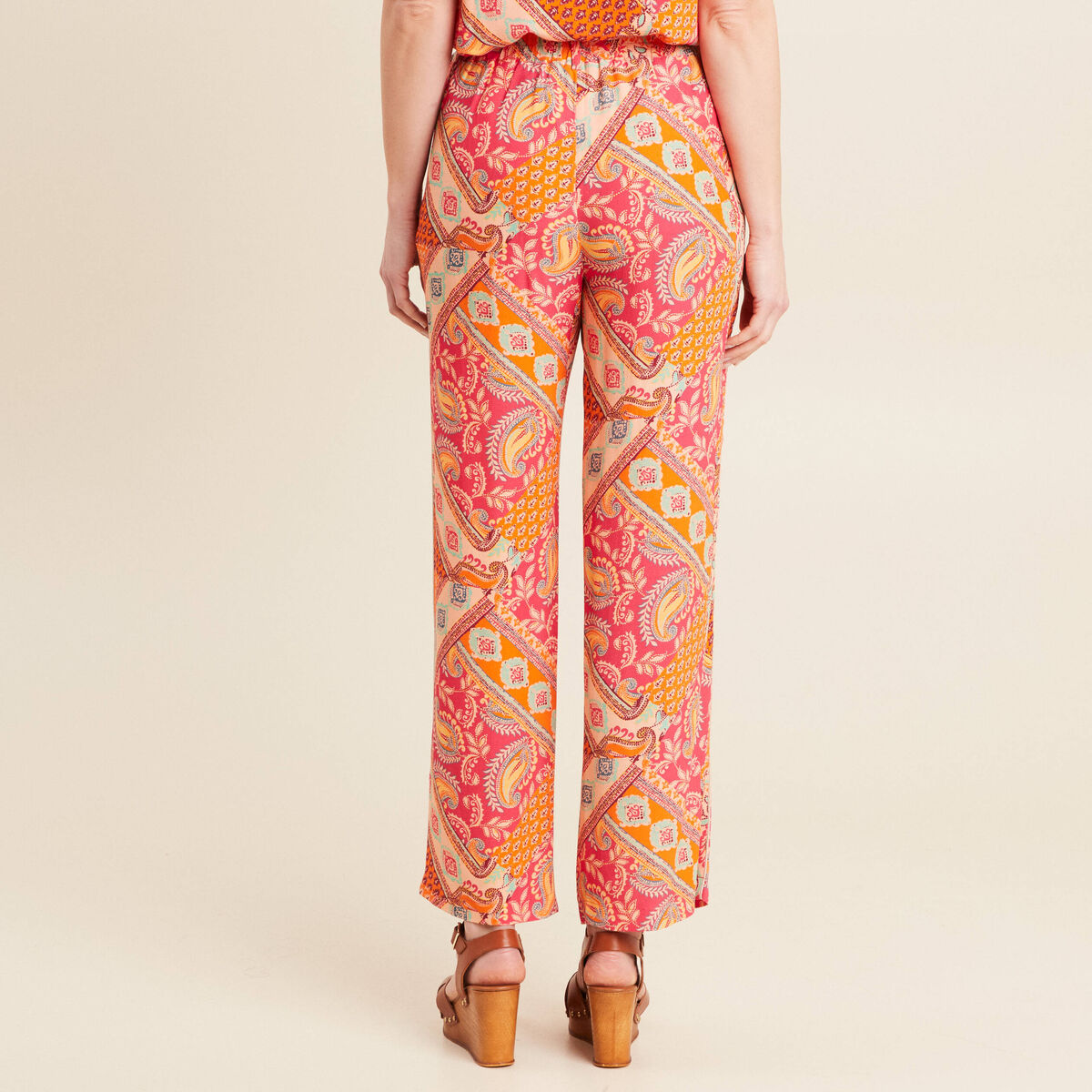 Pantalon large taille haute orange femme