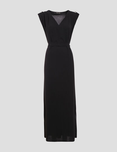 Robe longue droite ceinturée noir femme